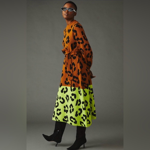Anthropologie Dresses & Skirts - Farm Rio by Anthro Maxi Sweater Dress in Tan and Neon yellow leopard size L